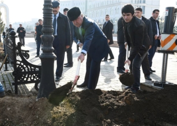 Участие в хашаре по посадке саженцев в городе Душанбе. Фото пресс-службы Президента РТ