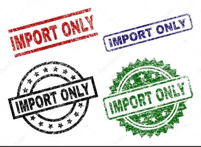 IMPORT ONLY seal prints with damaged surface. Black, green,red,blue vector rubber prints of IMPORT ONLY label with corroded style. Rubber seals with circle, rectangle, medallion shapes.