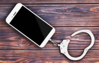 Mobile Phone Chained to Metal Handcuffs. 3d Rendering