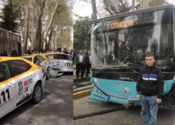 В Душанбе водитель автобуса протаранил 7 автомобилей такси