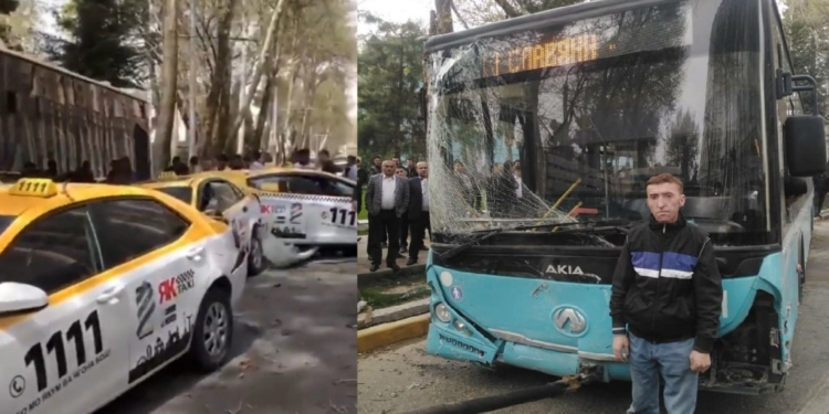 В Душанбе водитель автобуса протаранил 7 автомобилей такси