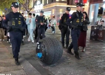 Робот-полицейский в виде колеса появился в центре города Вэньчжоу